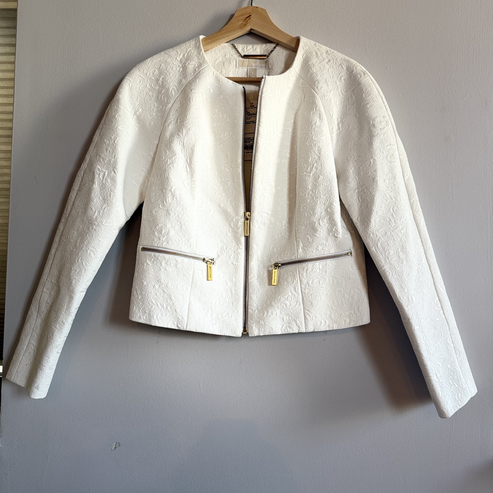 Michael Michael Kors White Textured Jacquard Zip-Front Blazer – Size 4 (New with